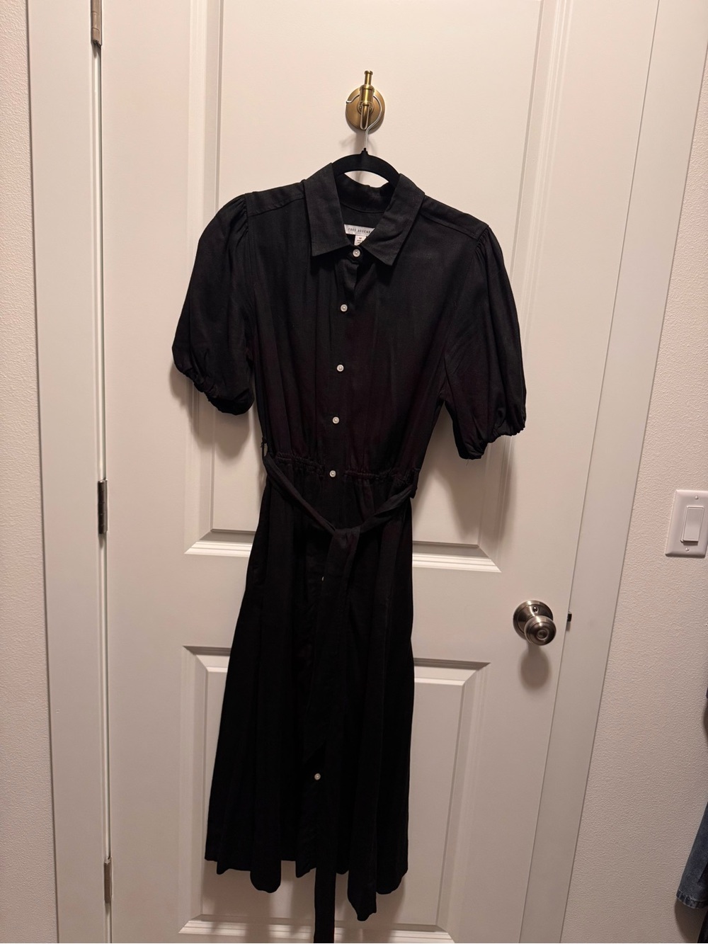 Black Button-Front Midi Shirt Dress with Tie Waist